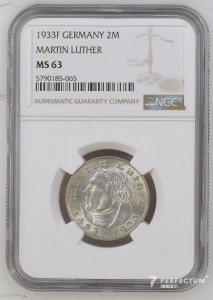  2 рейхсмарки (Мартін Лютер) 1933 F, NGC MS63