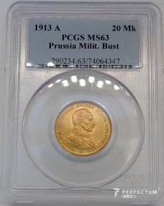 20 марок — Вільгельм II 1913A мундир pcgs ms63