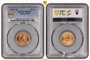 20 франків «Вренелі» (22 зірки на ребері)  1935 LB PCGS MS65