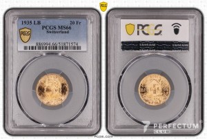 20 франків «Вренелі» (22 зірки на ребері) 1935LB PCGS MS66