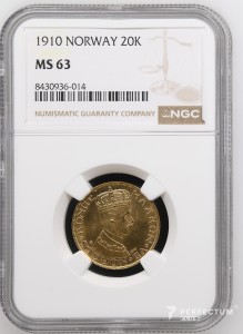 20 крон — Гакон VII 1910 Норвегія Коронація NGC MS63