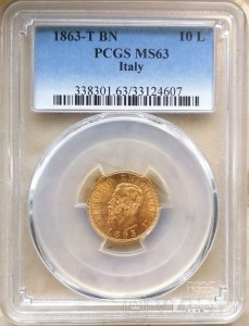 10 лір — Віктор Еммануїл II 1863-t bn pcgs ms63