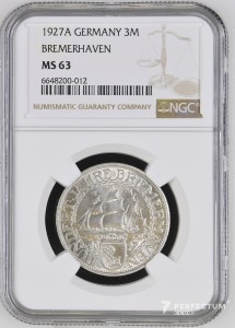 3 рейхсмарки (Бремерхафен) 1927 A NGC MS63