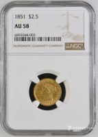 2½ долари «Корона на голові — чверть орла» 1851 NGC AU58