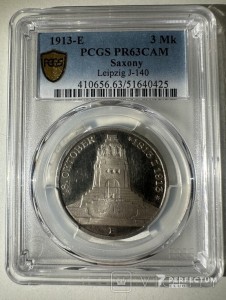 3 марки — Фрідріх Август III (битва під Лейпцигом) 1913E  PCGS PR63 CAM