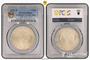 5 рейхсмарок 1931F дубок ms64 pcgs