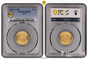 20 лір — Віктор Емануїл II 1865 t bn pcgs ms63