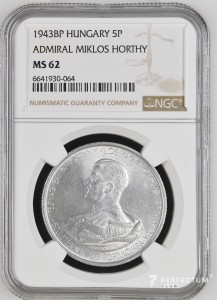 5 пенге — Міклош Горті (день народження) 1943BP MS62 NGC