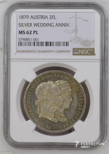 2 гульдени — Франц Йосиф I (срібне весілля) 1879 ngc ms62 pl
